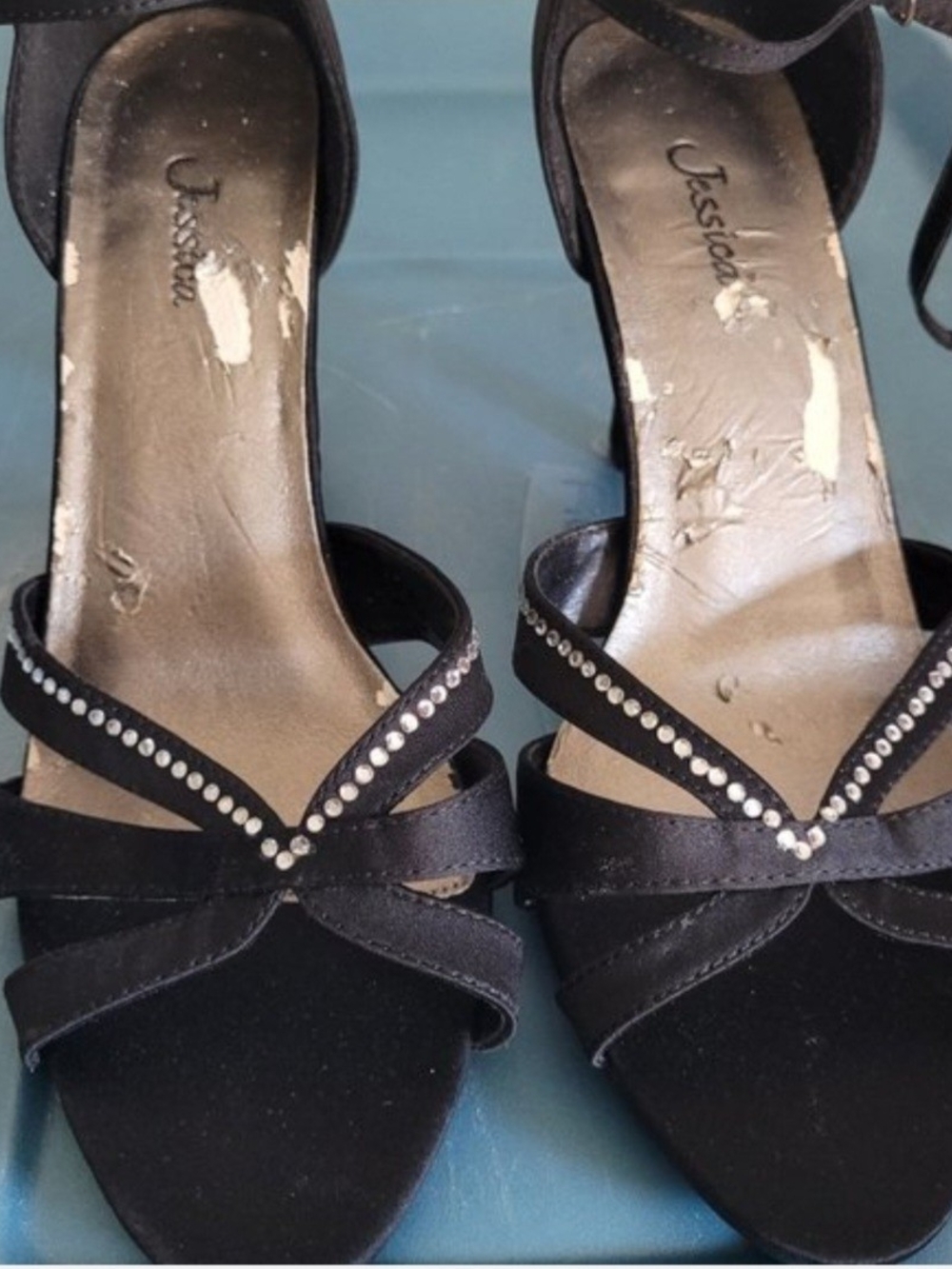 🍁 2/$40 Jessica Black Satin Open-Toe Heels with Rhinestone Straps